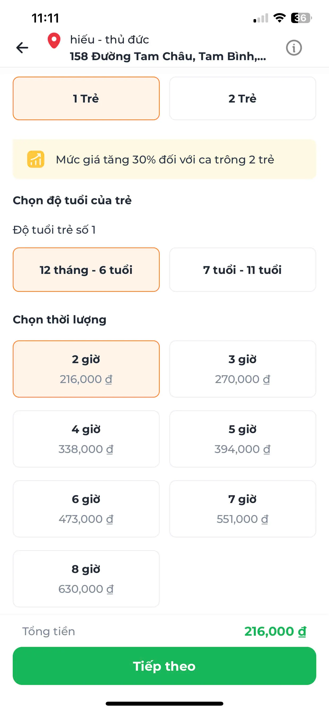 Bước 2 — Chọn số trẻ, độ tuổi và thời lượng